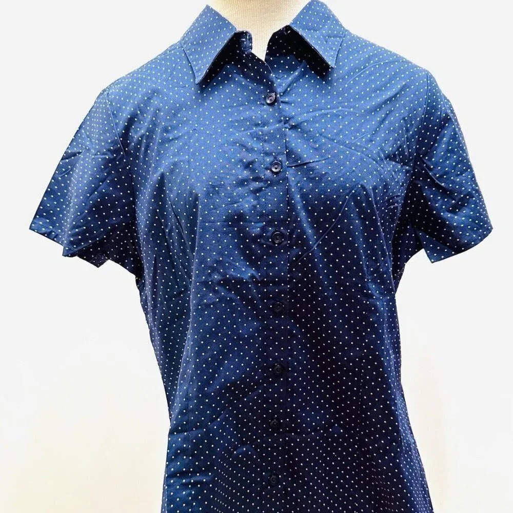 MOJO Women Short Sleeve Button Down Collared Polka Dots Blue/White Shirt Size 1X